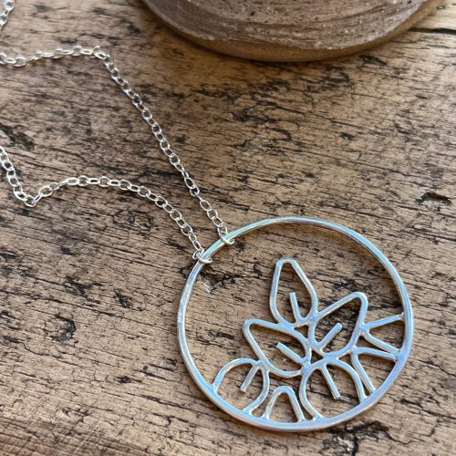 Circle Sterling Silver Pendant (Outline Leave Filled), by Emma Leonard Jewellery